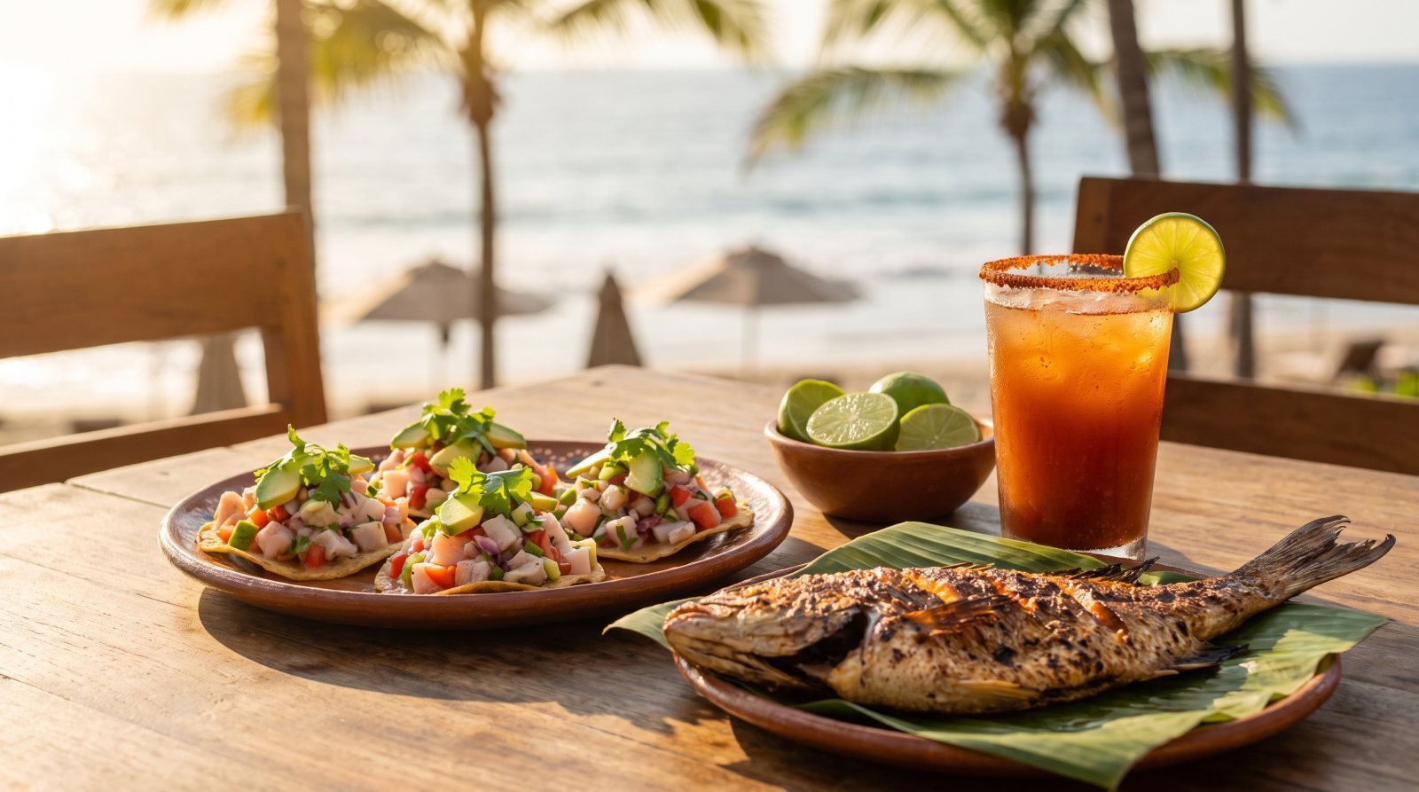 Mesa de mariscos frente al mar en Puerto Vallarta con tostadas de ceviche, pescado zarandeado y limones