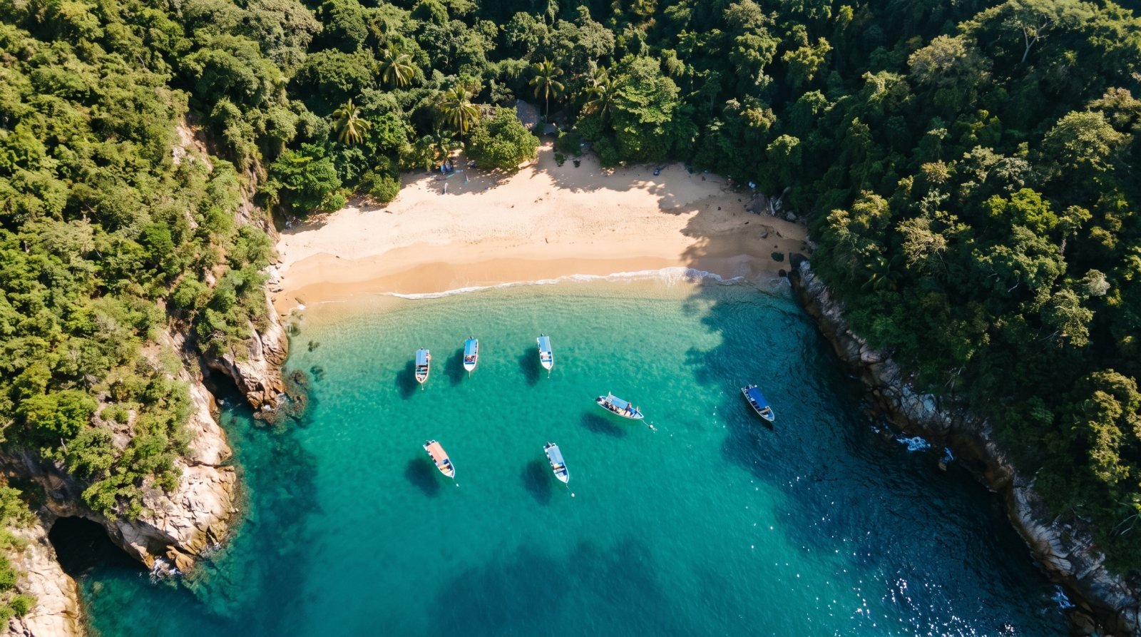 Vista aérea de una caleta de arena dorada y agua turquesa en la Bahía de Banderas, Puerto Vallarta
