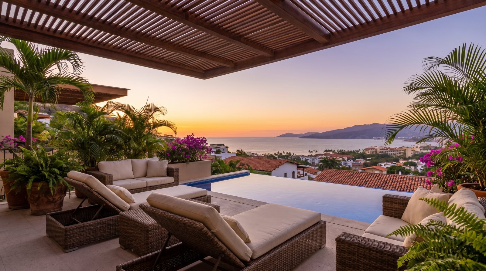 Terraza de una casa en la ladera de Puerto Vallarta con alberca y vista panorámica a la Bahía de Banderas al atardecer