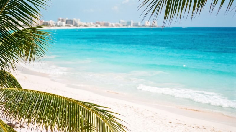 Playa de arena blanca y agua turquesa del Caribe en Cancún con palmeras en primer plano