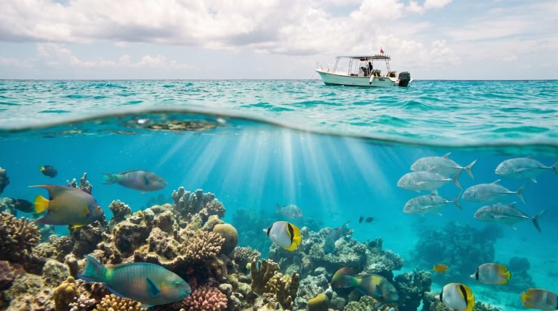 Arrecife de coral con peces tropicales bajo el agua turquesa de Cozumel y una lancha en la superficie