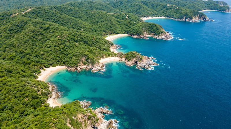 Vista aérea de las bahías de Huatulco con calas turquesa entre colinas verdes