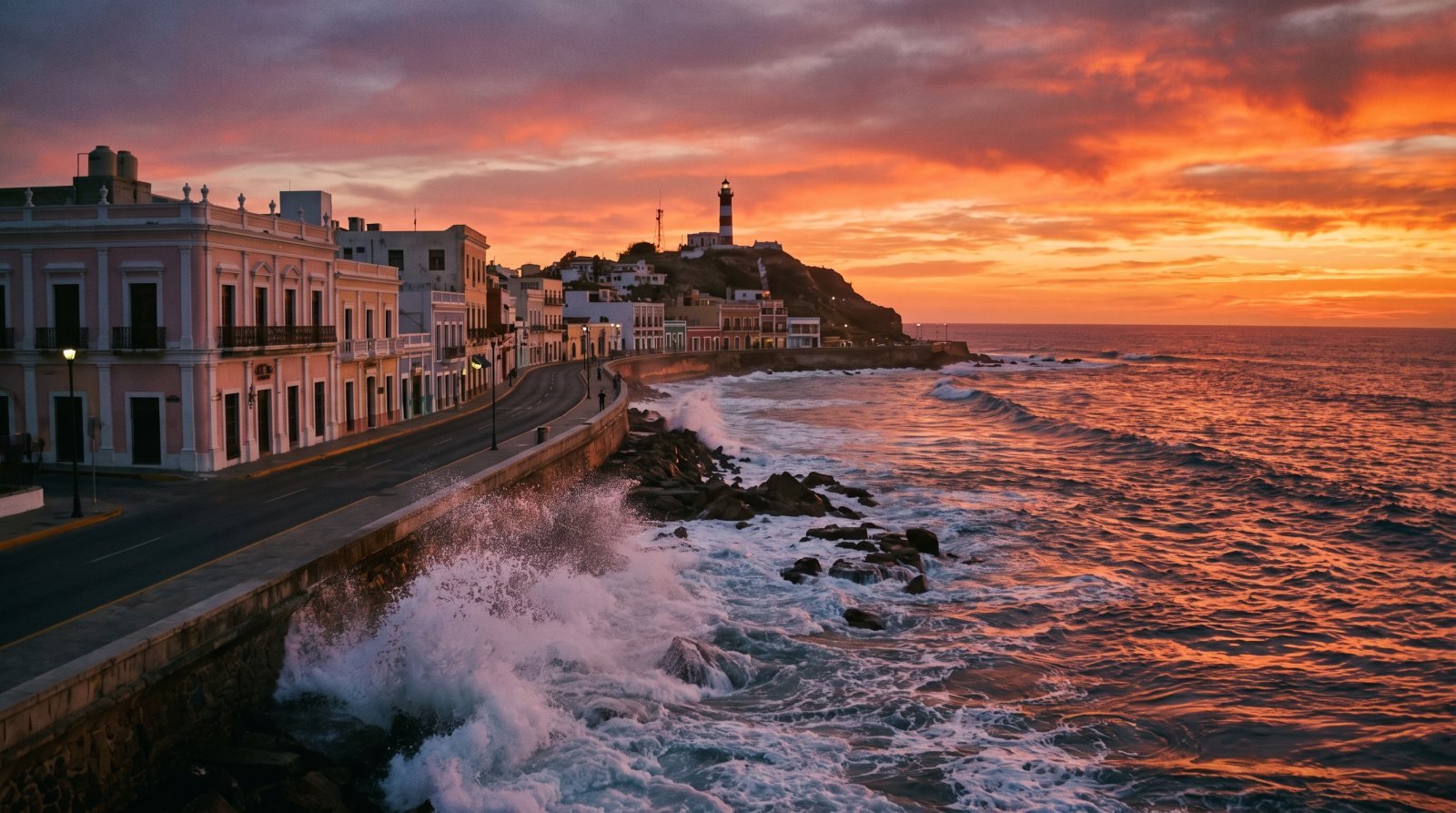 El malecón de Mazatlán al atardecer con las olas rompiendo contra las rocas y el centro histórico al fondo