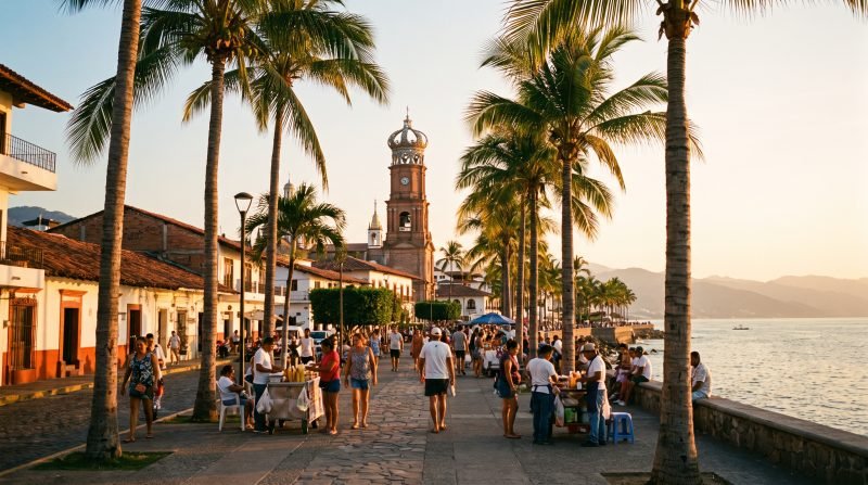 El Malecón de Puerto Vallarta con la iglesia de la corona y los techos de teja frente a la Bahía de Banderas