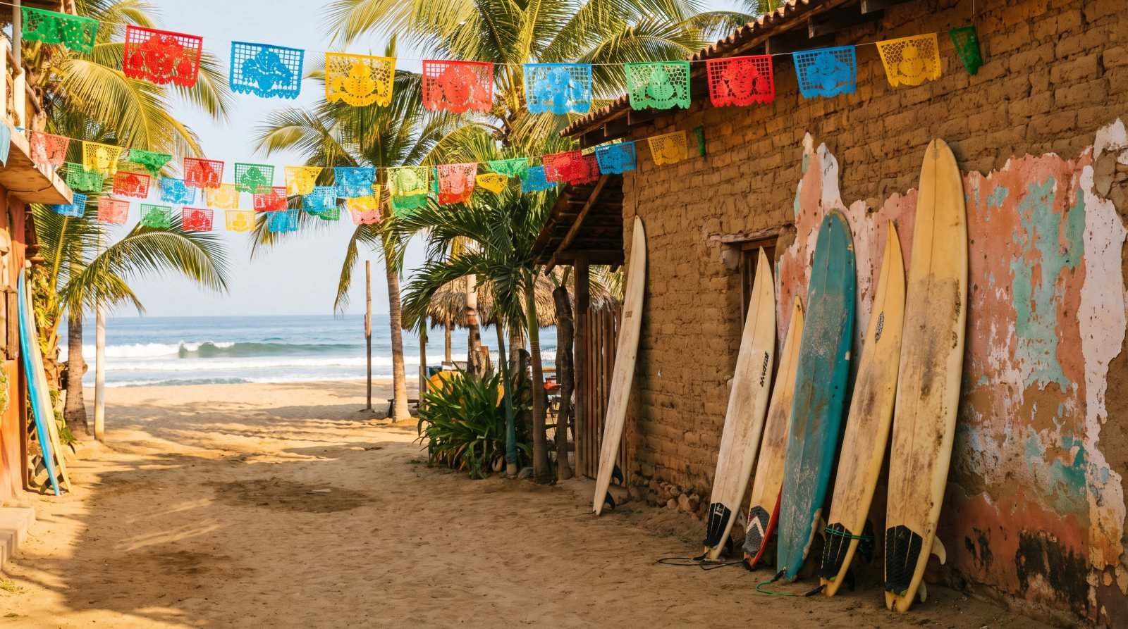 Calle de Sayulita con papel picado de colores, tablas de surf y palmeras rumbo a la playa