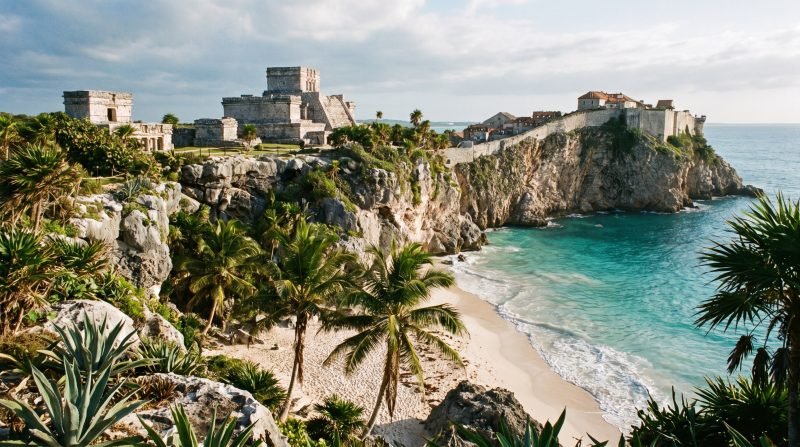 Ruinas mayas de Tulum sobre el acantilado con el mar Caribe turquesa al fondo